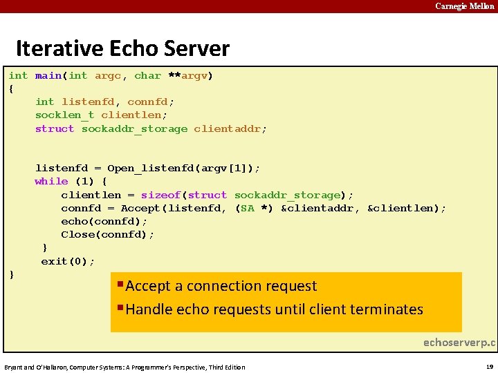 Carnegie Mellon Iterative Echo Server int main(int argc, char **argv) { int listenfd, connfd;