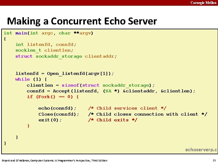 Carnegie Mellon Making a Concurrent Echo Server int main(int argc, char **argv) { int