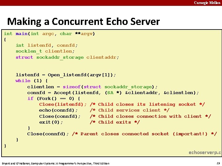 Carnegie Mellon Making a Concurrent Echo Server int main(int argc, char **argv) { int