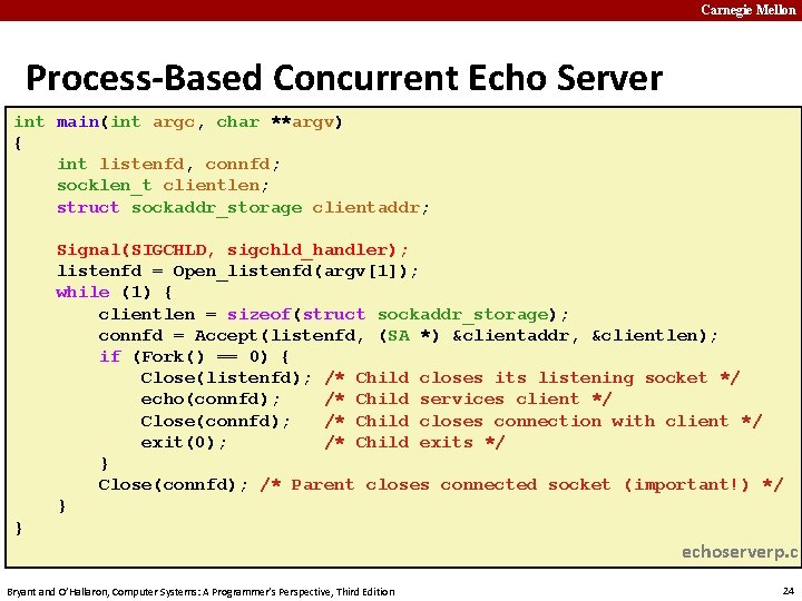 Carnegie Mellon Process-Based Concurrent Echo Server int main(int argc, char **argv) { int listenfd,