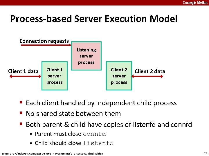 Carnegie Mellon Process-based Server Execution Model Connection requests Listening server process Client 1 data