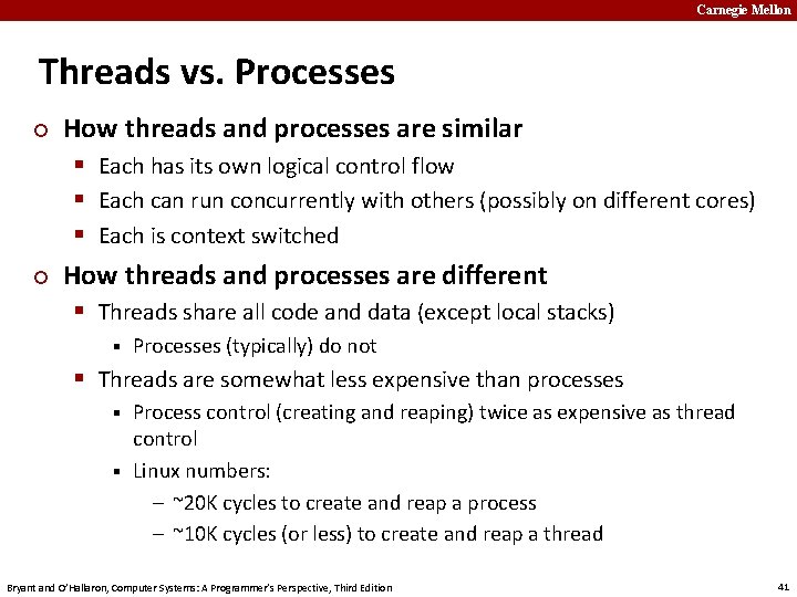 Carnegie Mellon Threads vs. Processes ¢ ¢ How threads and processes are similar §