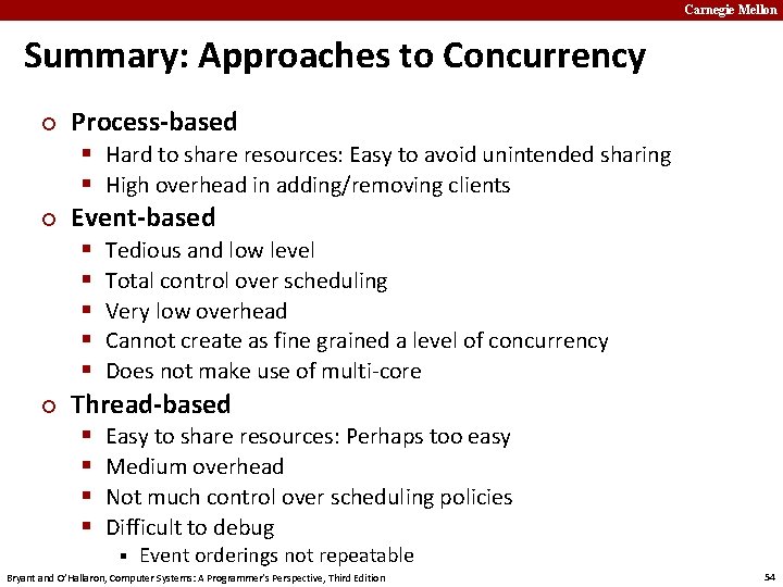Carnegie Mellon Summary: Approaches to Concurrency ¢ ¢ ¢ Process-based § Hard to share
