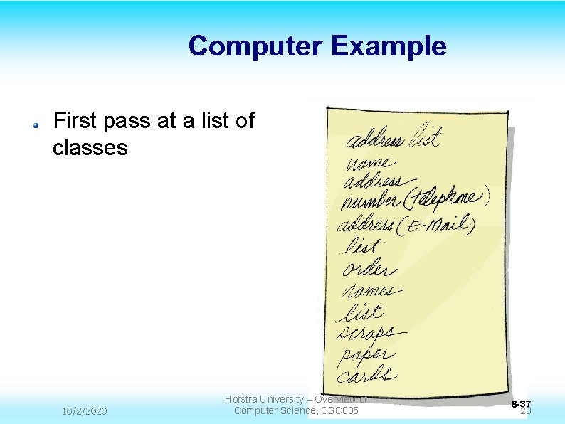 Computer Example First pass at a list of classes 10/2/2020 Hofstra University – Overview