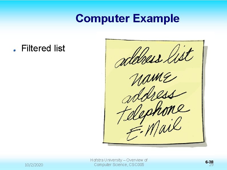 Computer Example Filtered list 10/2/2020 Hofstra University – Overview of Computer Science, CSC 005 Computer Example Filtered list 10/2/2020 Hofstra University – Overview of Computer Science, CSC 005