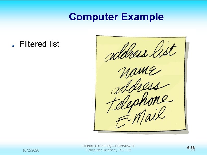 Computer Example Filtered list 10/2/2020 Hofstra University – Overview of Computer Science, CSC 005