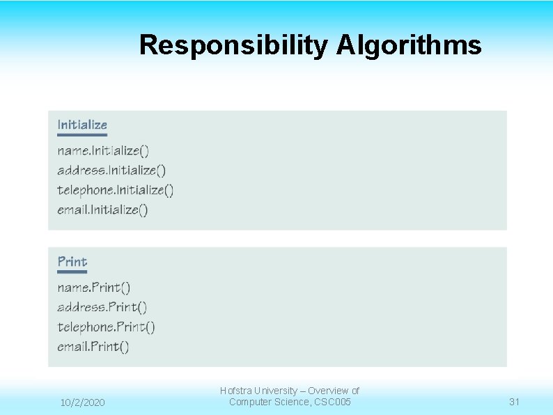 Responsibility Algorithms 10/2/2020 Hofstra University – Overview of Computer Science, CSC 005 31 