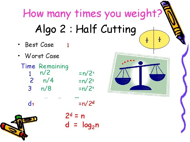 How many times you weight? Algo 2 : Half Cutting • Best Case ½