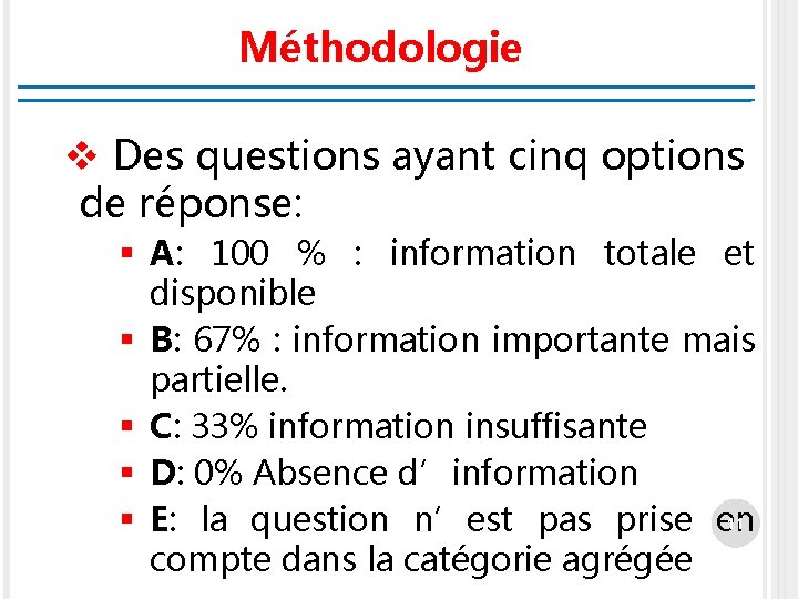 Méthodologie v Des questions ayant cinq options de réponse: § A: 100 % :