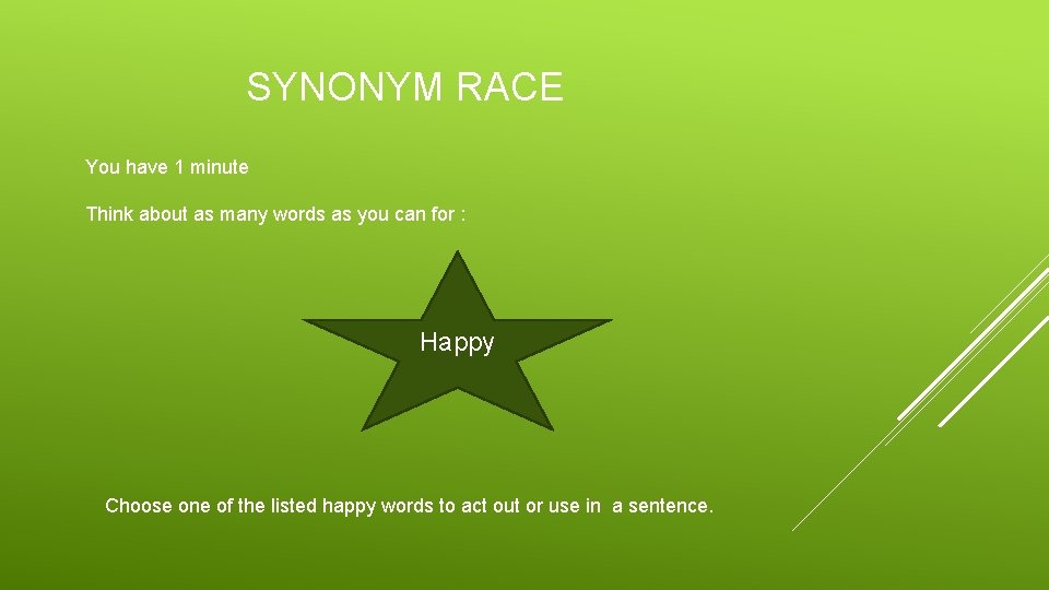  SYNONYM RACE You have 1 minute Think about as many words as you