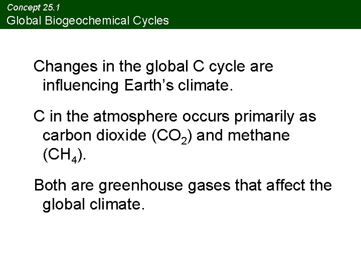 Concept 25. 1 Global Biogeochemical Cycles Changes in the global C cycle are influencing