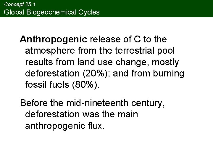 Concept 25. 1 Global Biogeochemical Cycles Anthropogenic release of C to the atmosphere from
