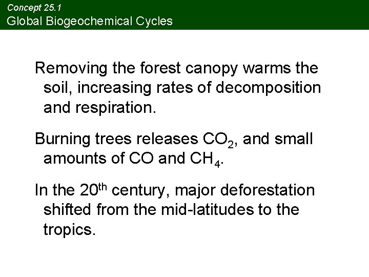 Concept 25. 1 Global Biogeochemical Cycles Removing the forest canopy warms the soil, increasing