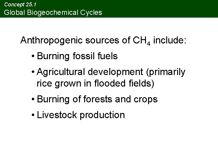 Concept 25. 1 Global Biogeochemical Cycles Anthropogenic sources of CH 4 include: • Burning