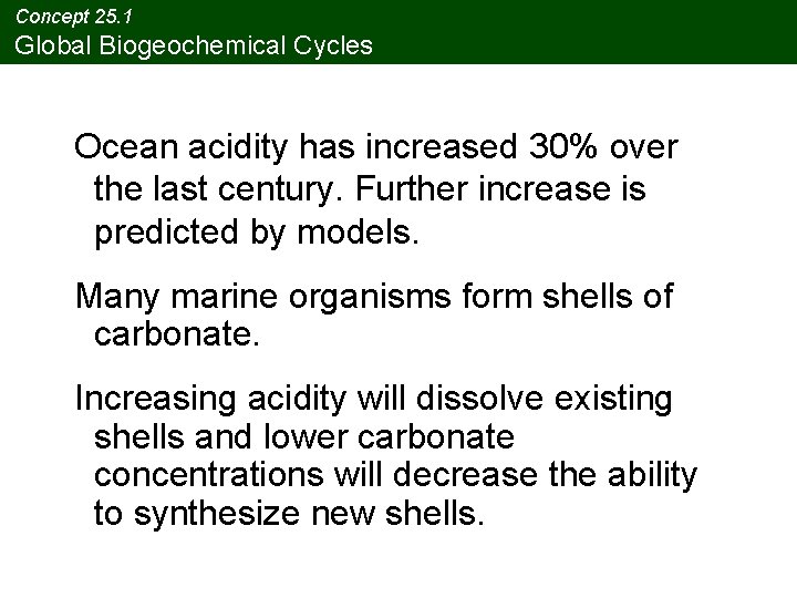 Concept 25. 1 Global Biogeochemical Cycles Ocean acidity has increased 30% over the last