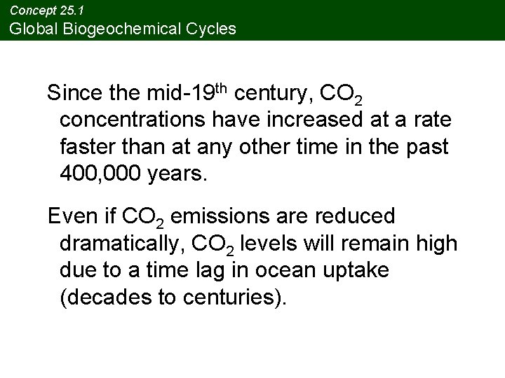 Concept 25. 1 Global Biogeochemical Cycles Since the mid-19 th century, CO 2 concentrations