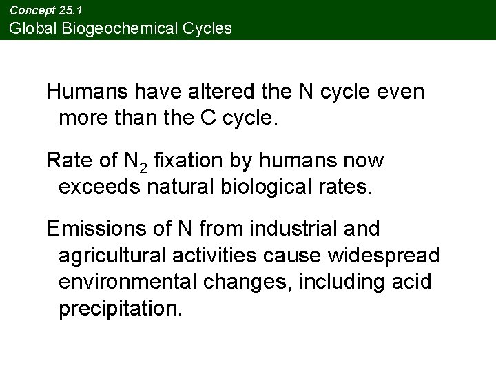 Concept 25. 1 Global Biogeochemical Cycles Humans have altered the N cycle even more