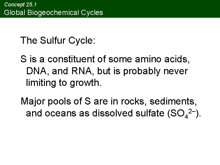 Concept 25. 1 Global Biogeochemical Cycles The Sulfur Cycle: S is a constituent of