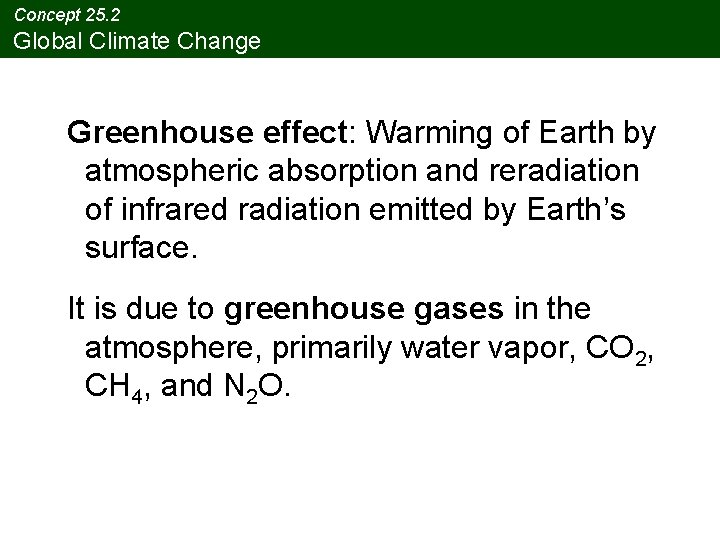 Concept 25. 2 Global Climate Change Greenhouse effect: Warming of Earth by atmospheric absorption