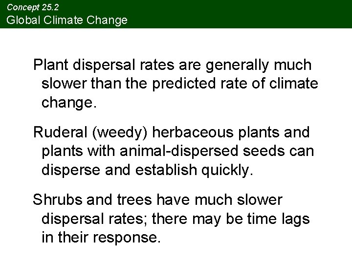 Concept 25. 2 Global Climate Change Plant dispersal rates are generally much slower than