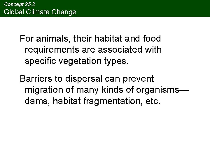 Concept 25. 2 Global Climate Change For animals, their habitat and food requirements are