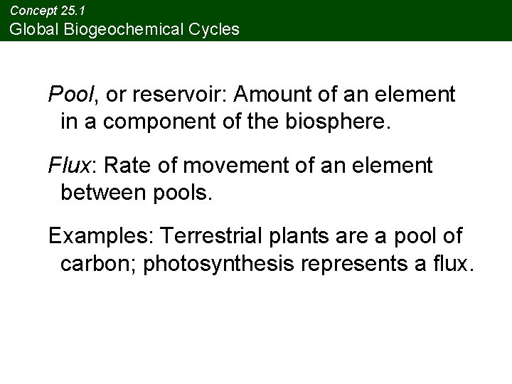 Concept 25. 1 Global Biogeochemical Cycles Pool, or reservoir: Amount of an element in