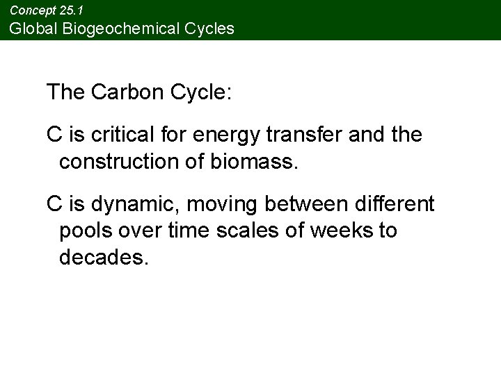 Concept 25. 1 Global Biogeochemical Cycles The Carbon Cycle: C is critical for energy