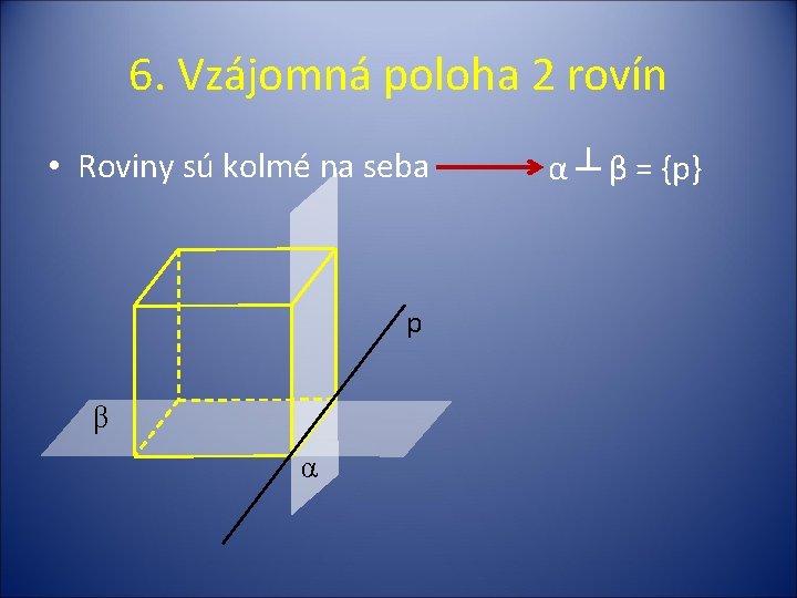 6. Vzájomná poloha 2 rovín • Roviny sú kolmé na seba p β α