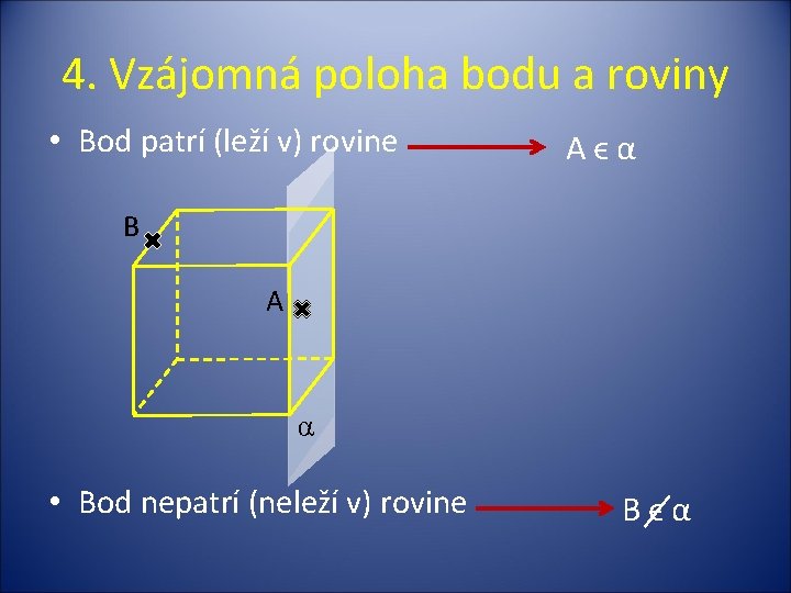 4. Vzájomná poloha bodu a roviny • Bod patrí (leží v) rovine Aϵα B