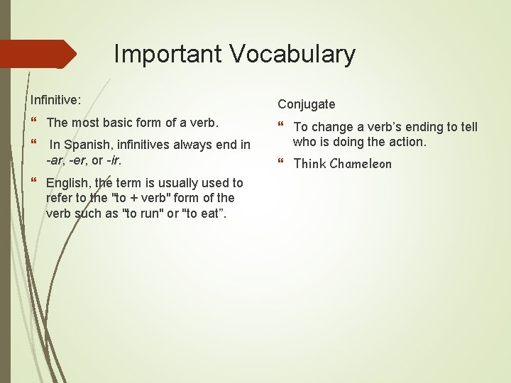 Important Vocabulary Infinitive: Conjugate The most basic form of a verb. To change a