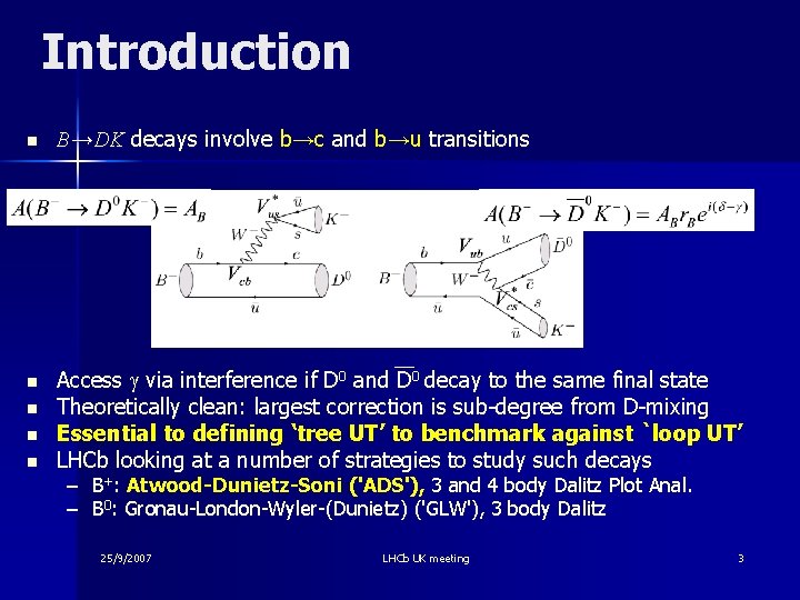 Introduction n B→DK decays involve b→c and b→u transitions n Access g via interference