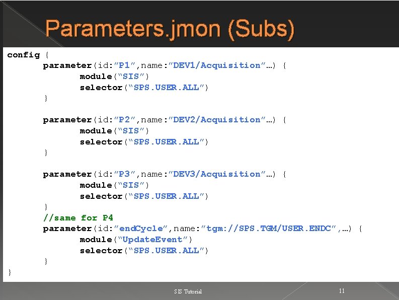 Parameters. jmon (Subs) config { parameter(id: ”P 1”, name: ”DEV 1/Acquisition”…) { module(“SIS”) selector(“SPS.