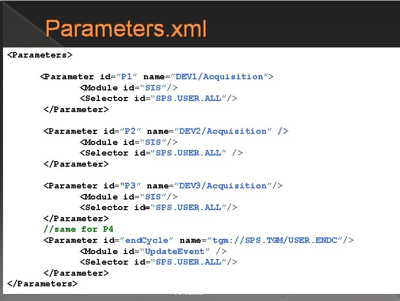 Parameters. xml <Parameters> <Parameter id=”P 1” name=”DEV 1/Acquisition”> <Module id=“SIS”/> <Selector id=“SPS. USER. ALL”/>