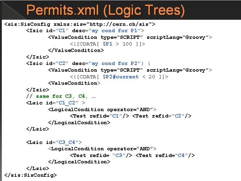 Permits. xml (Logic Trees) <sis: Sis. Config xmlns: sis="http: //cern. ch/sis"> <Isic id=”C 1”