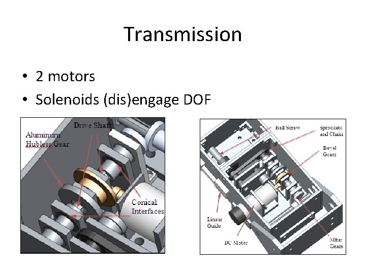 Transmission • 2 motors • Solenoids (dis)engage DOF 