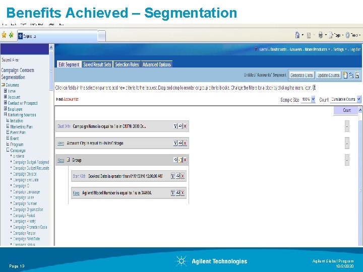 Benefits Achieved – Segmentation Page 13 Agilent Siebel Program 10/2/2020 