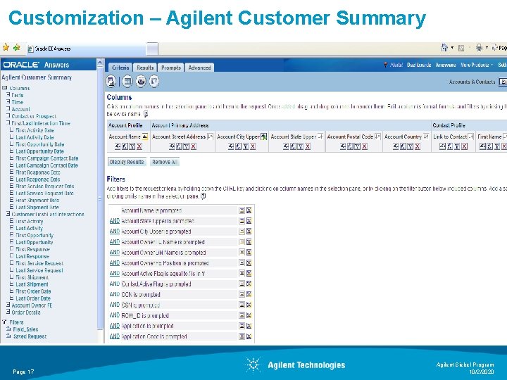 Customization – Agilent Customer Summary Page 17 Agilent Siebel Program 10/2/2020 