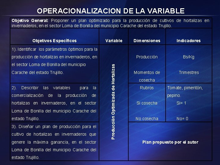 OPERACIONALIZACION DE LA VARIABLE Objetivo General: Proponer un plan optimizado para la producción de