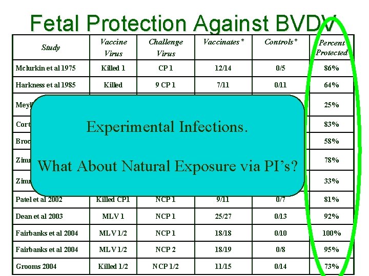 Fetal Protection Against BVDV Vaccine Virus Challenge Virus Vaccinates* Controls* Percent Protected Mclurkin et