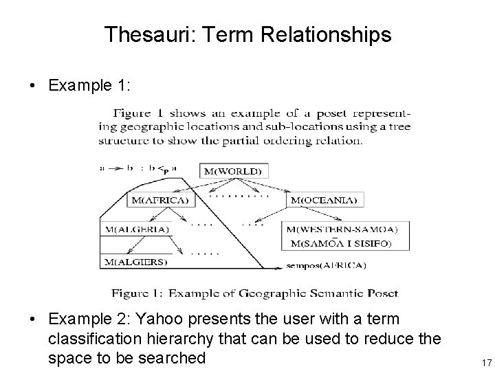 Thesauri: Term Relationships • Example 1: • Example 2: Yahoo presents the user with