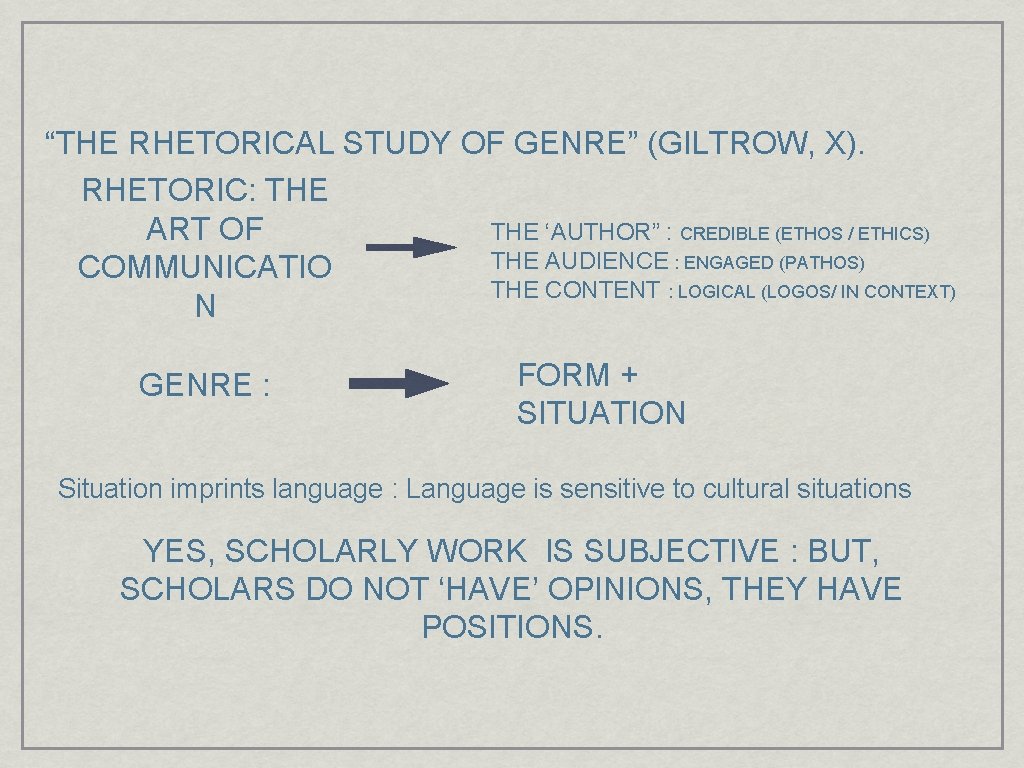 “THE RHETORICAL STUDY OF GENRE” (GILTROW, X). RHETORIC: THE ART OF THE ‘AUTHOR” :