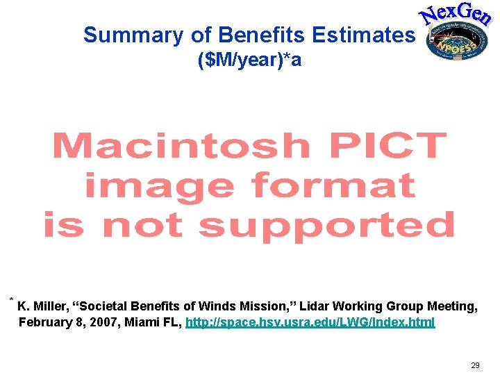 Summary of Benefits Estimates ($M/year)*a * K. Miller, “Societal Benefits of Winds Mission, ”