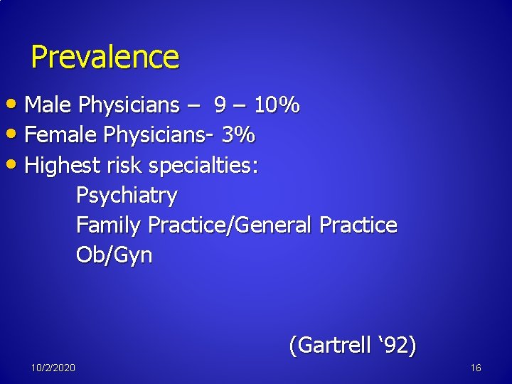 Prevalence • Male Physicians – 9 – 10% • Female Physicians- 3% • Highest