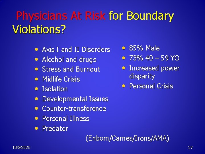 Physicians At Risk for Boundary Violations? • • • 10/2/2020 • 85% Male Axis