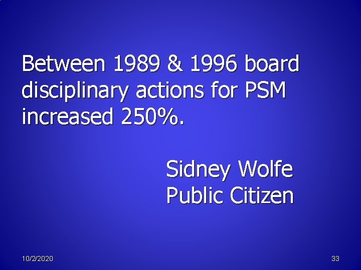 Between 1989 & 1996 board disciplinary actions for PSM increased 250%. Sidney Wolfe Public