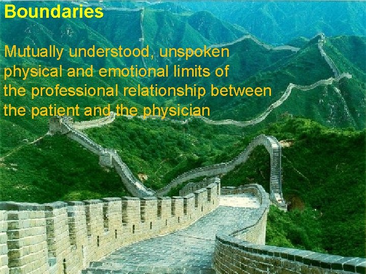Boundaries Mutually understood, unspoken physical and emotional limits of the professional relationship between the
