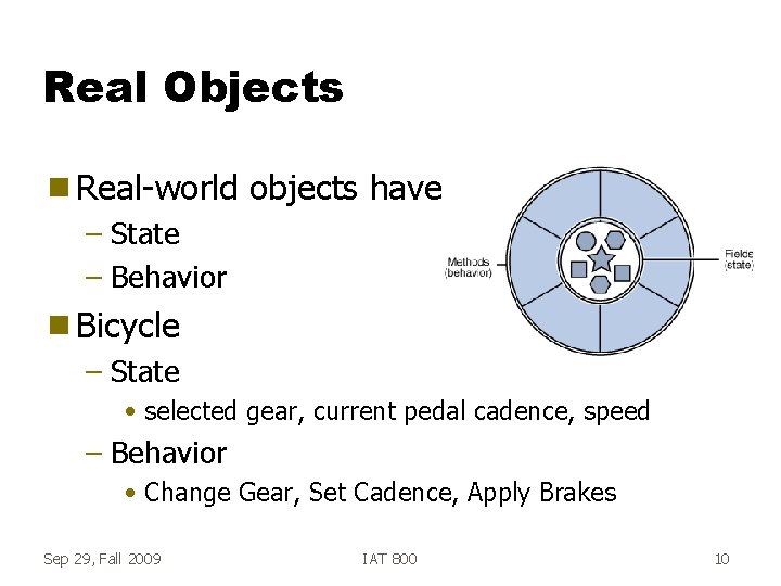 Real Objects g Real-world objects have – State – Behavior g Bicycle – State