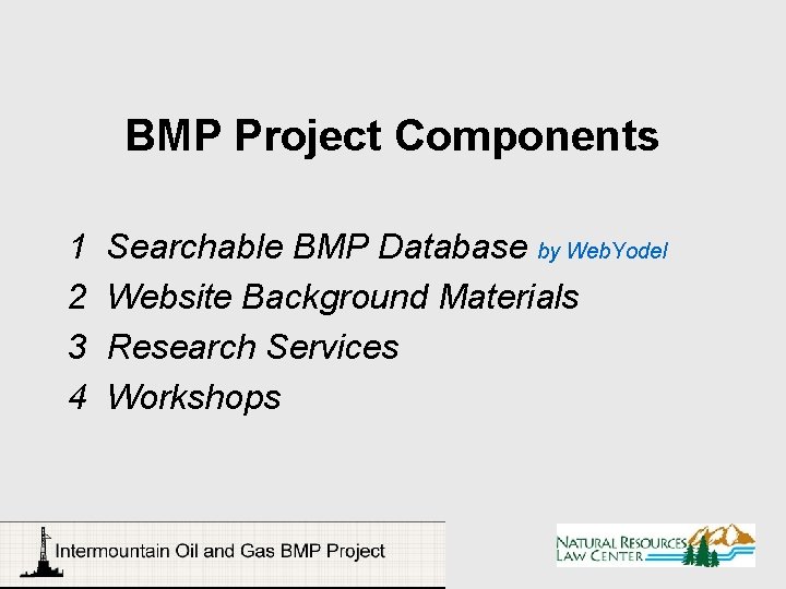 BMP Project Components 1 2 3 4 Searchable BMP Database by Web. Yodel Website