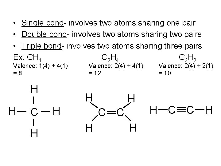  • Single bond- involves two atoms sharing one pair • Double bond- involves