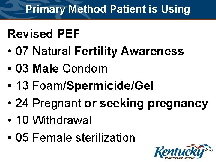 Primary Method Patient is Using Revised PEF • 07 Natural Fertility Awareness • 03
